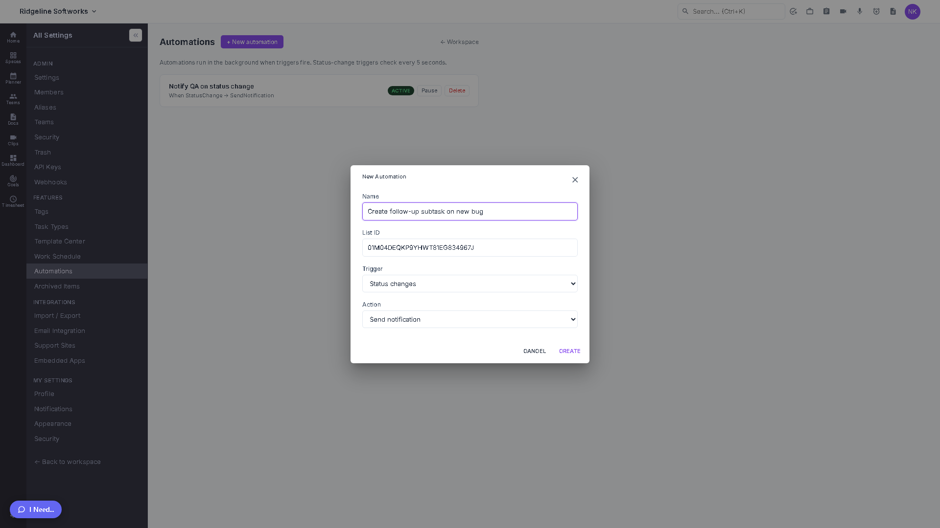 The Automations admin page showing a list of rules with their trigger, action and Active/Paused status, next to the New Automation dialog.