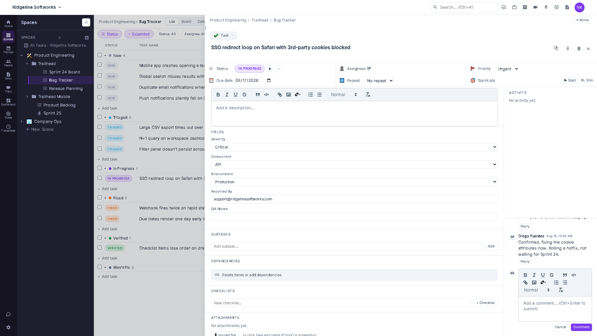 A task's comment thread showing a top-level comment with an @mention highlighted, a reply nested underneath it, and the comment composer at the bottom.