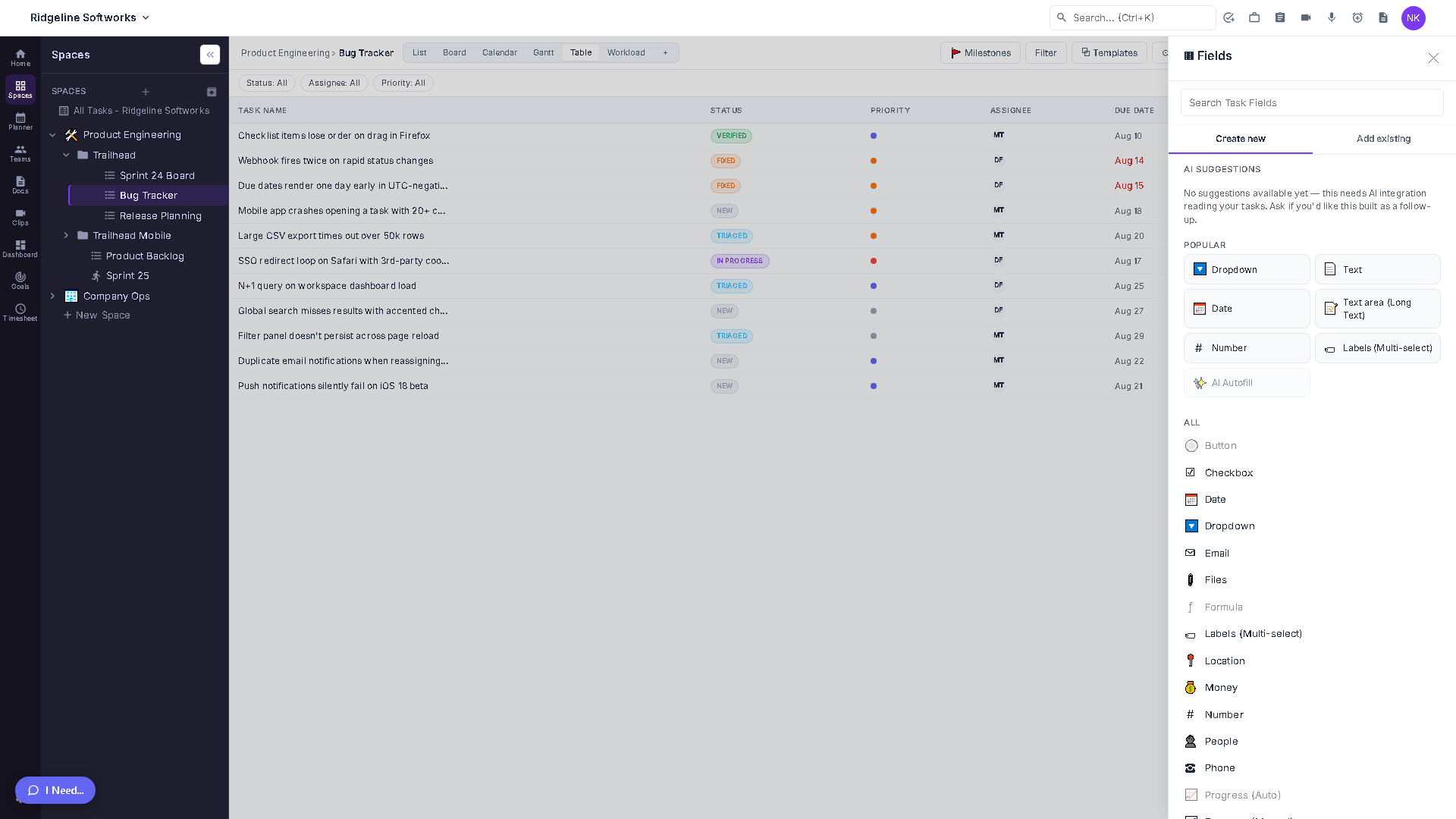 The Fields panel's Create new tab, showing the Popular field-type grid (Dropdown, Text, Date, Text area, Number, Labels) and the full type list below it with each type's icon.