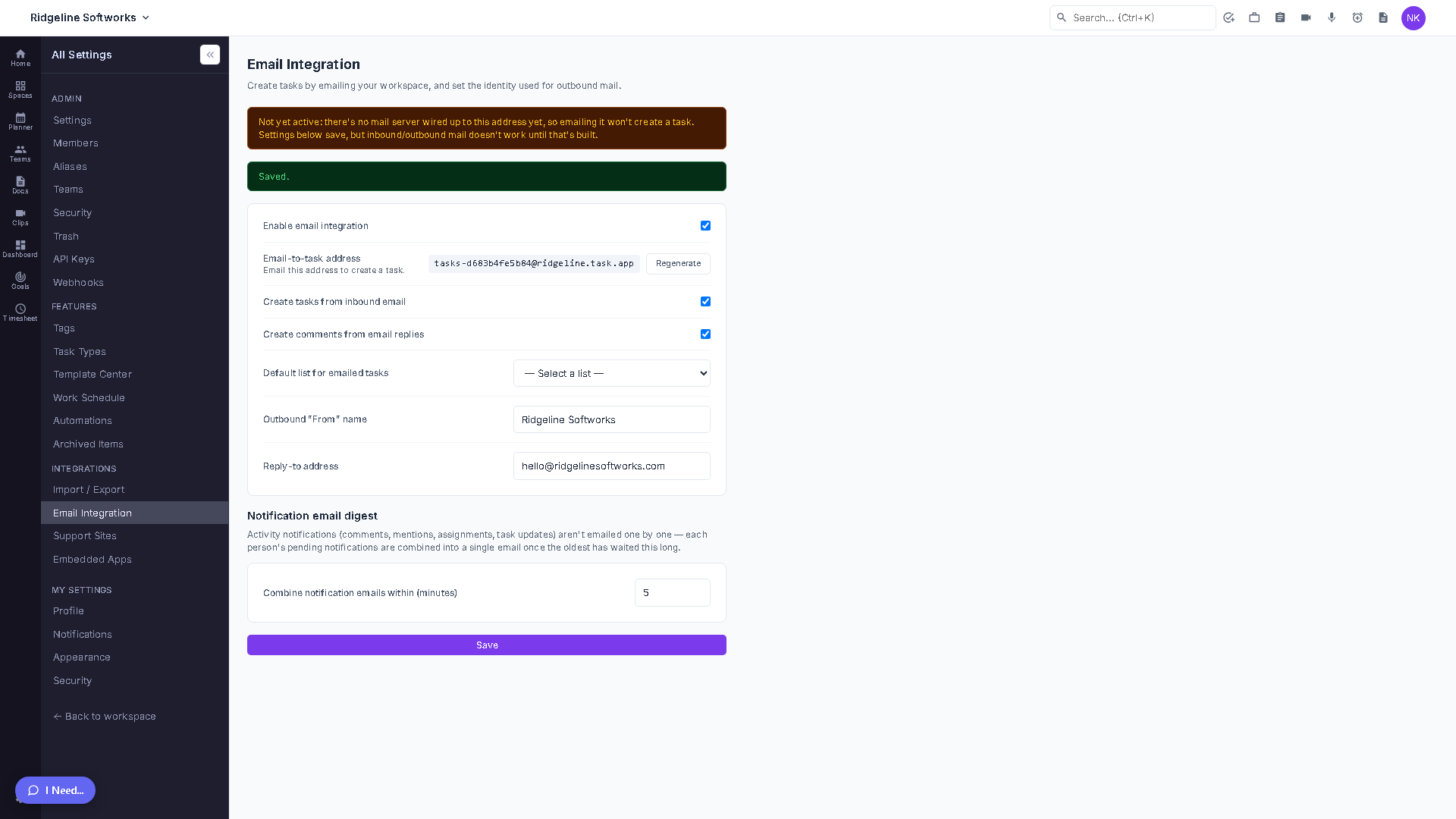 The Email Integration admin page showing the generated inbound address, the inbound/outbound toggles, and the notification digest interval field.