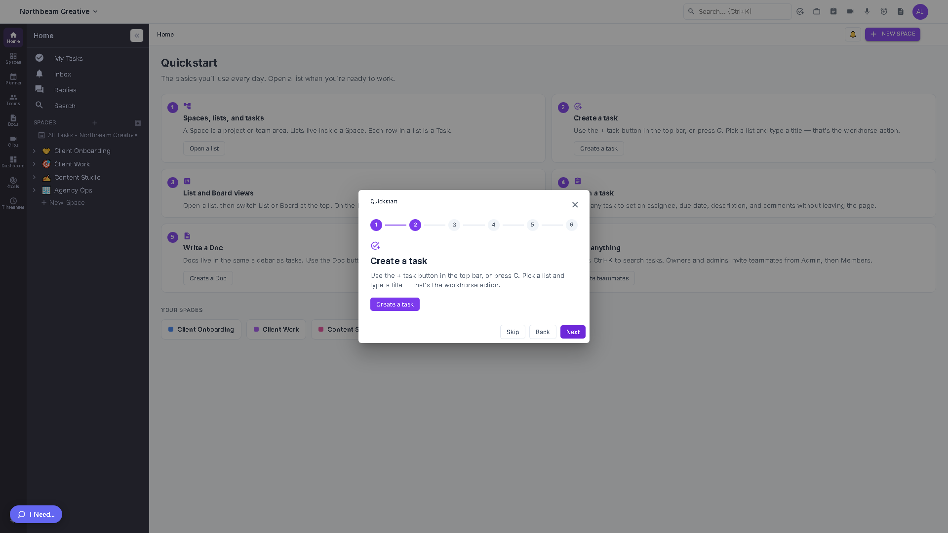 The Quickstart dialog showing a numbered step with its icon, title, body text, and a Create a task action button, plus the step-dot progress indicator across the top.