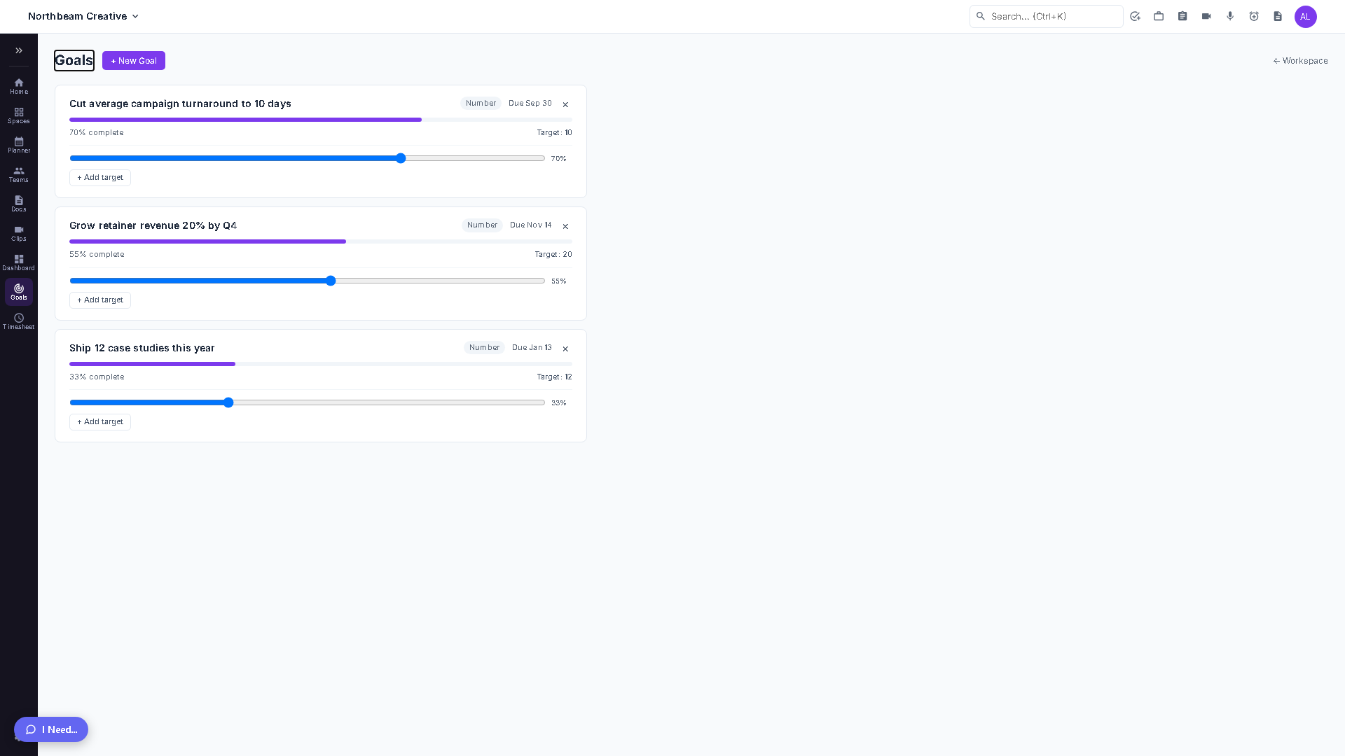 Goals page showing goal cards with a progress bar, a target-value reference figure and individual target sliders underneath.