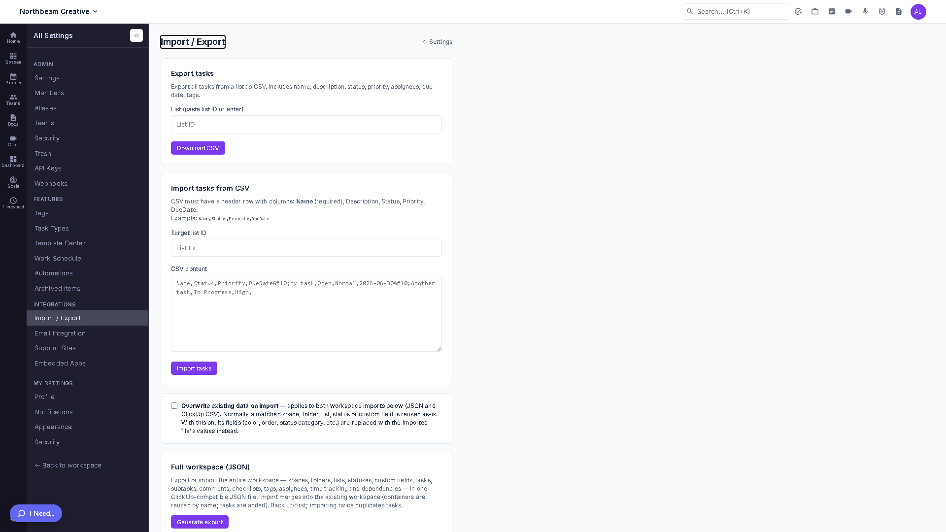 The Import / Export admin page showing the CSV list-import panel above the full-workspace JSON export/import section with the overwrite-mode checkbox.