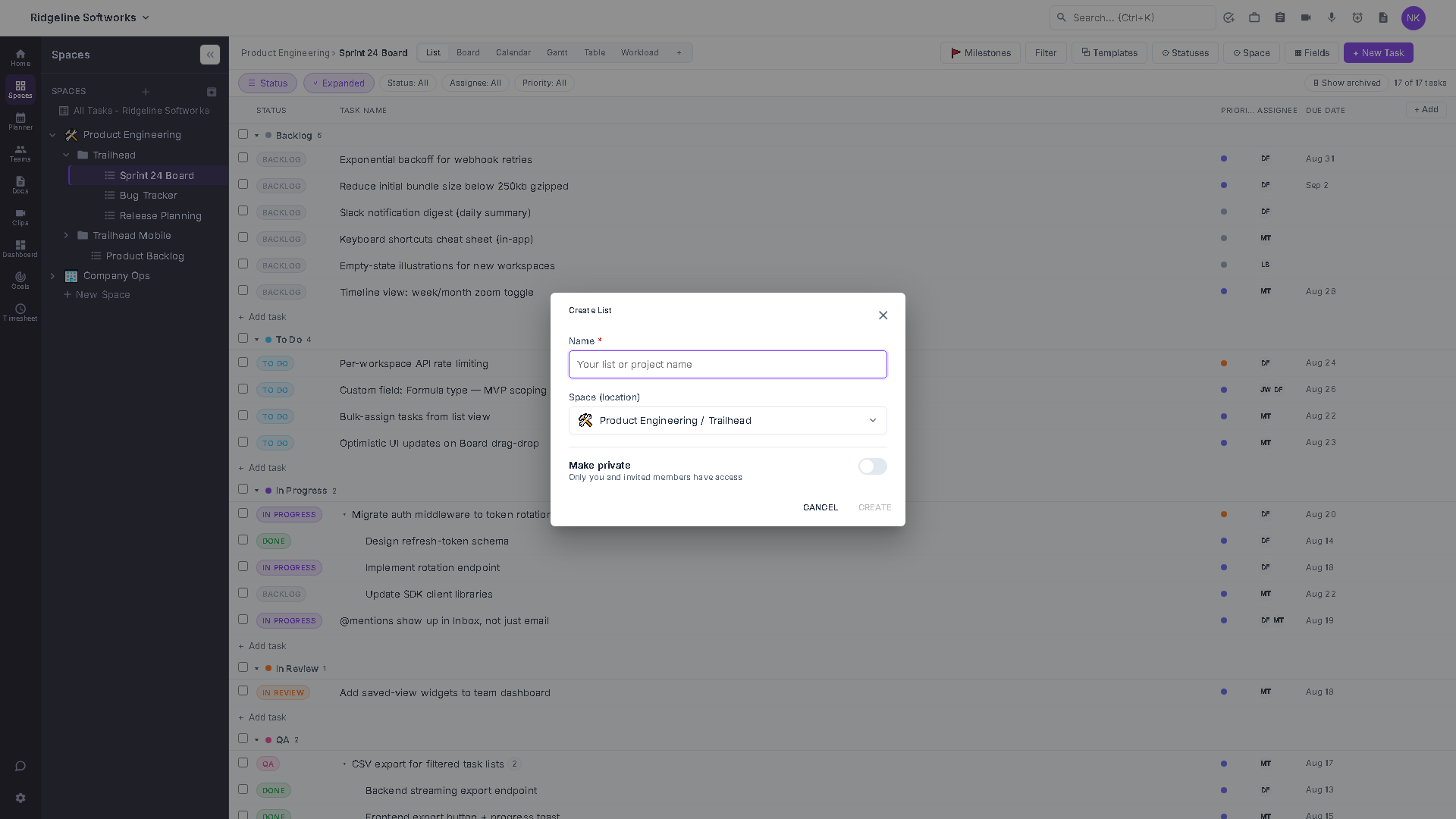 The Create List dialog with the Name field, a Space location picker showing a selected Space and Folder, and a Make private toggle.