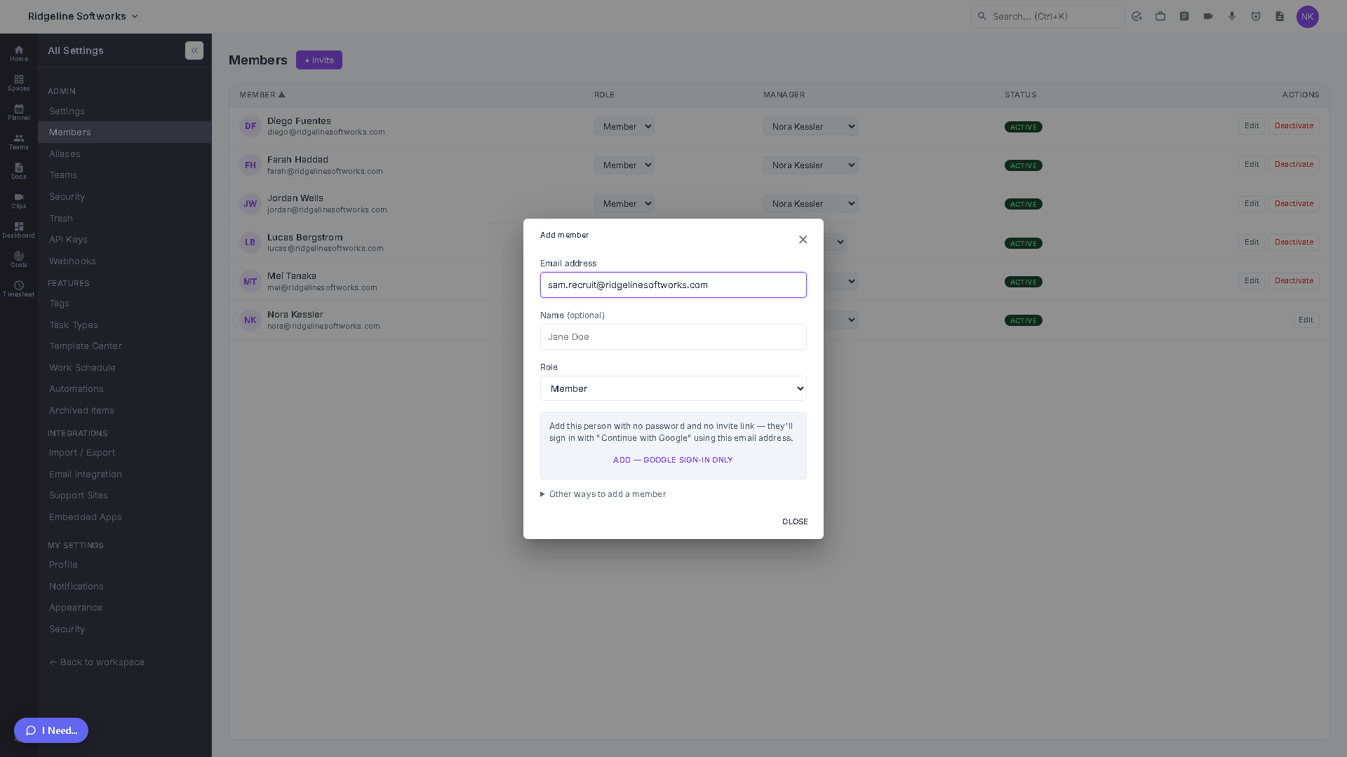 The Members admin page listing the workspace roster with role and manager dropdowns, next to the Add Member dialog's Google sign-in option.