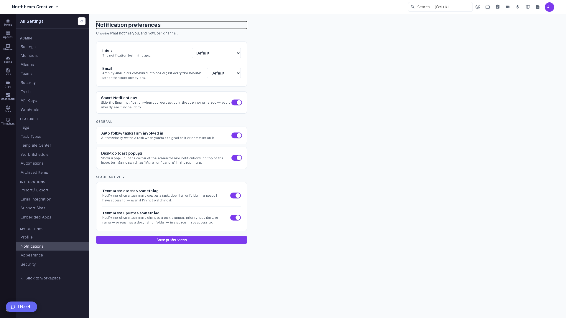 The Notification preferences page showing Inbox and Email channel mode dropdowns, with Smart Notifications and auto-follow toggles below.