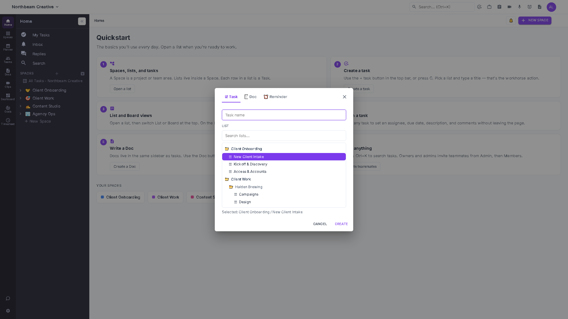 The global Create dialog open on the Task tab, showing the name field and a searchable tree of Spaces and Lists to pick a destination.