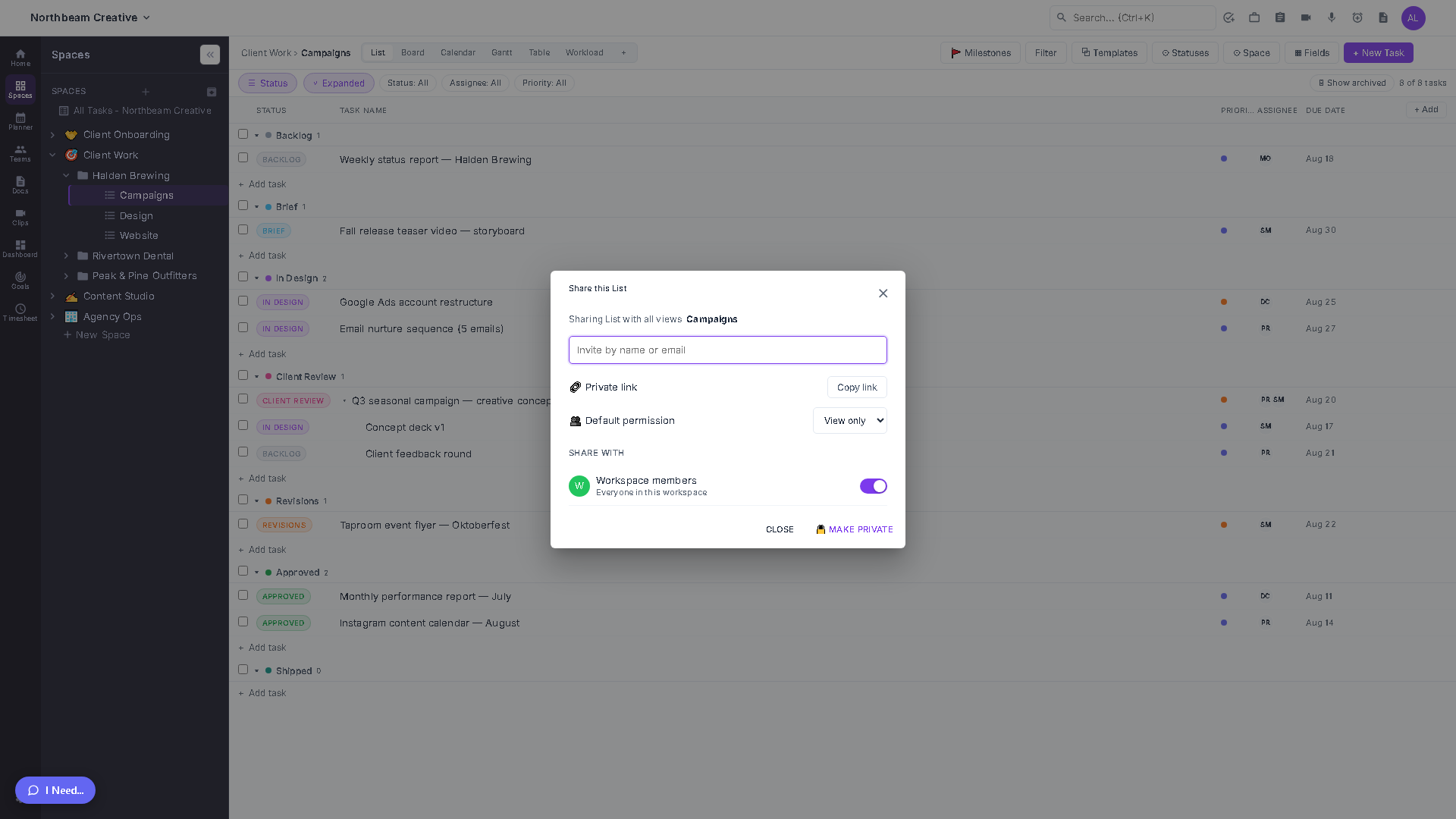 The Share dialog for a List, showing the invite box, the Workspace members visibility toggle, and the default permission level set to View only.