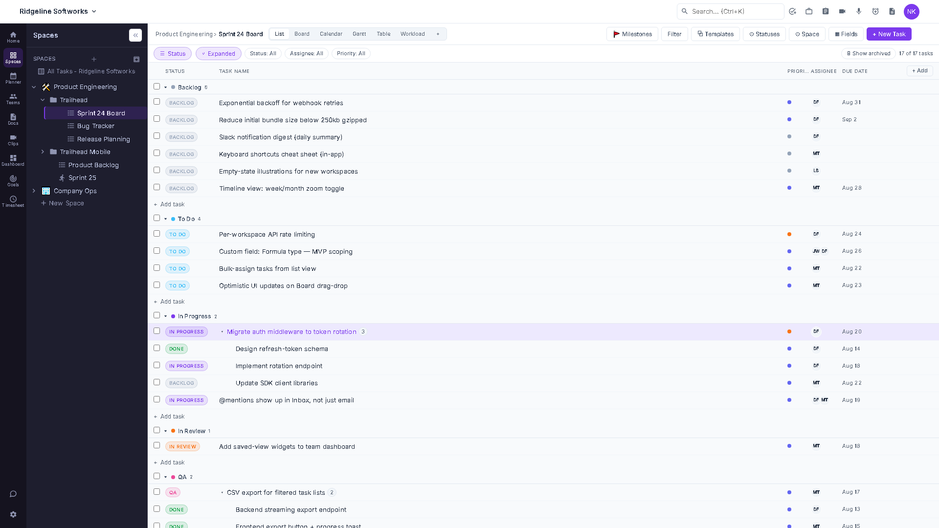 Sidebar showing a Sprint list marked with a running-person icon alongside regular lists and folders.