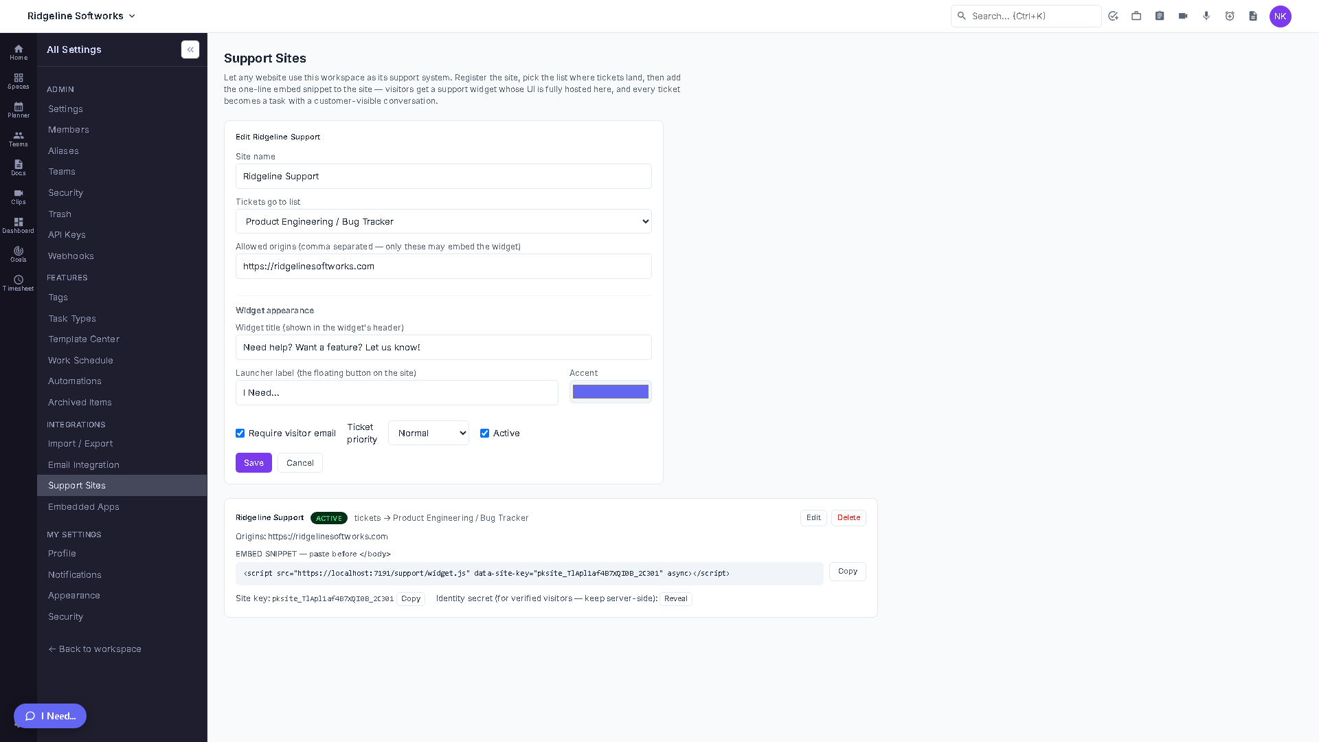 The Support Sites admin page showing a registered site's embed snippet, accent color picker and launcher label settings.