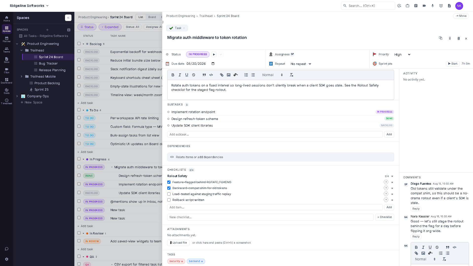 The task detail panel open on the right side of the screen, showing the Assignees avatar stack, a Priority dropdown, a Due date field, the rich-text Description editor, and the Subtasks and Checklists sections below it.