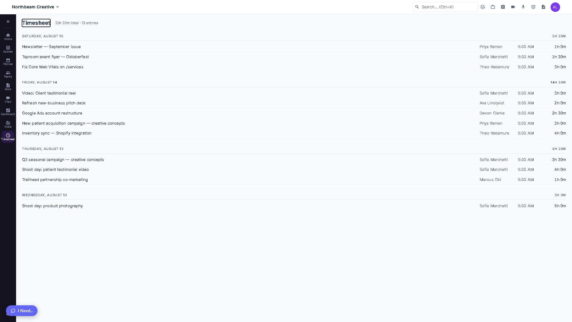 The Timesheet page showing time entries grouped by day, each row listing the task name, the person who logged it, the start time, and the duration.