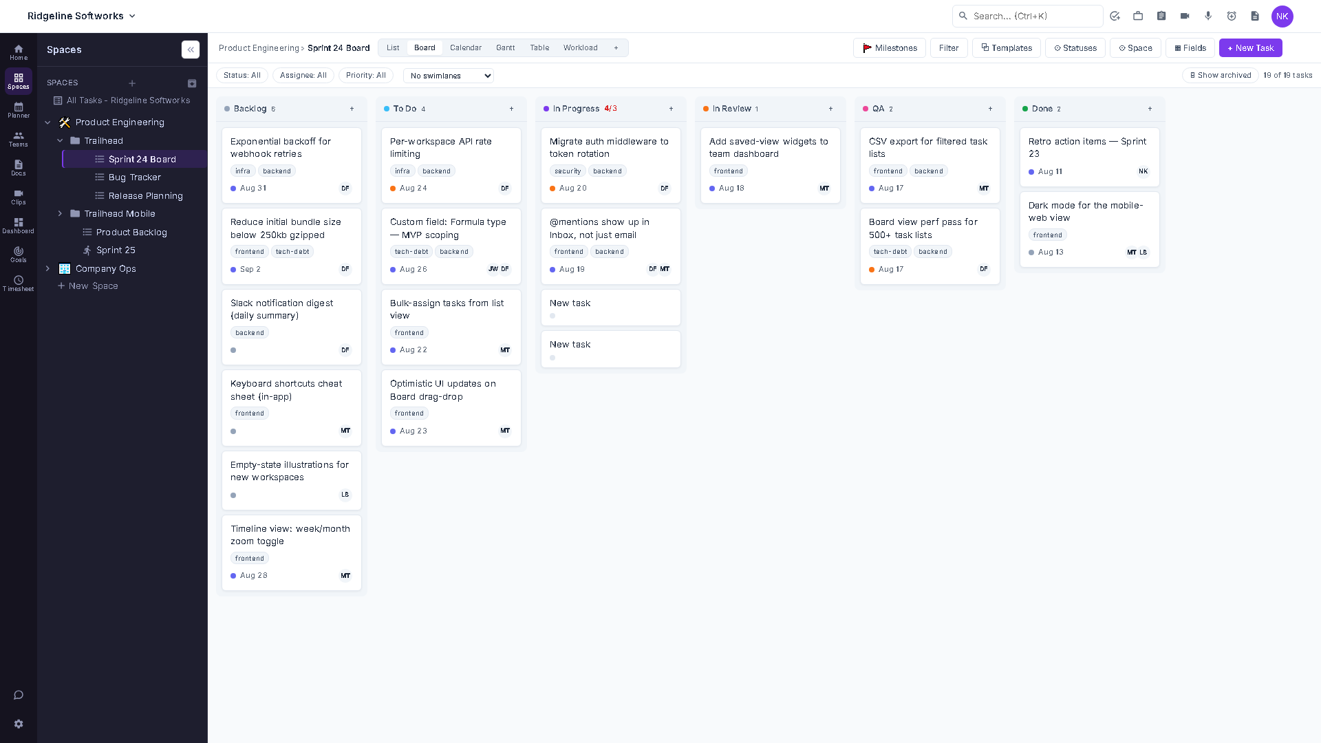 Board View showing tasks as cards across custom status columns, with one column over its WIP limit shown in red.