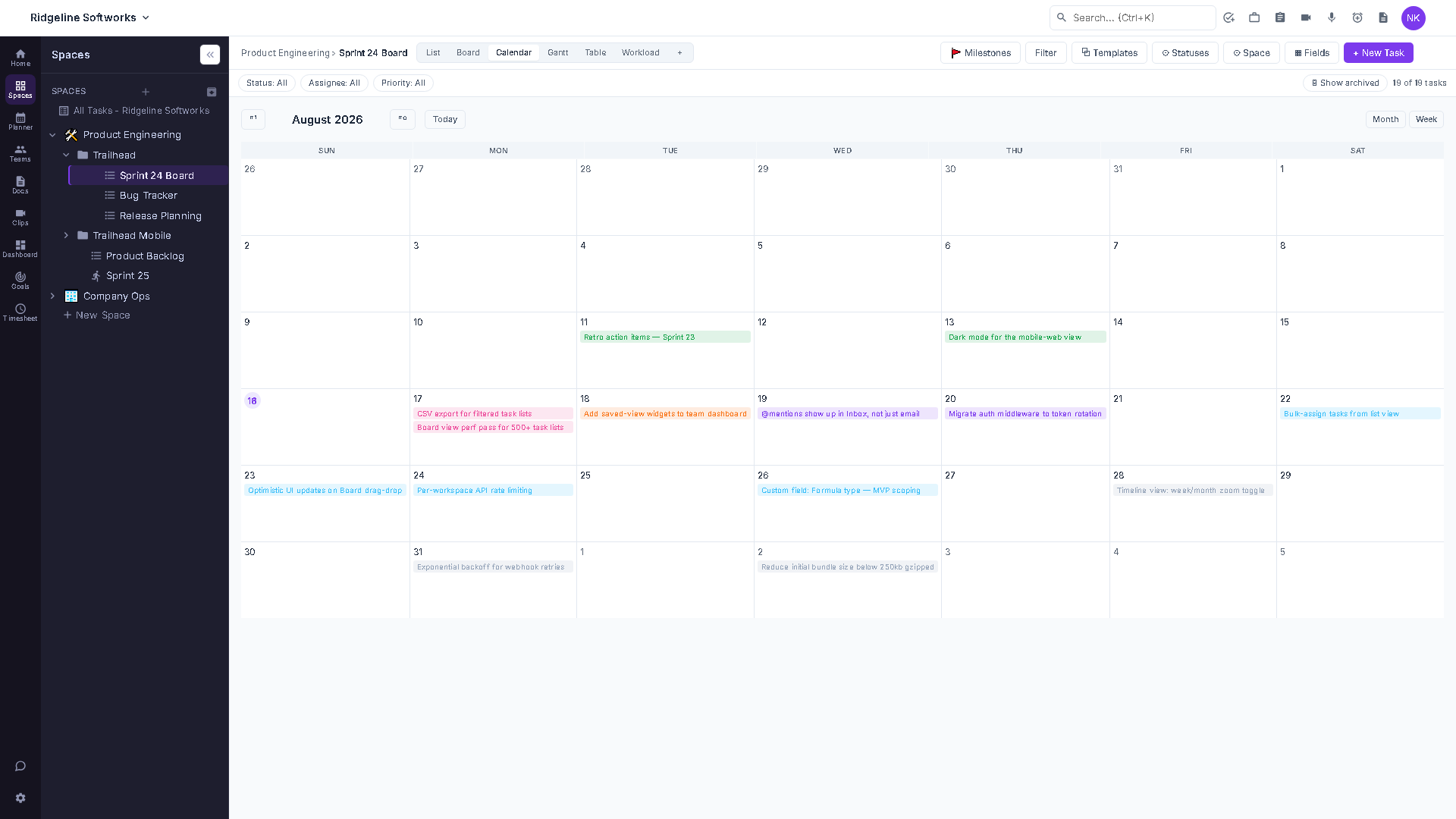 Calendar View month grid showing tasks as colored pills on their due dates, with today's date highlighted.