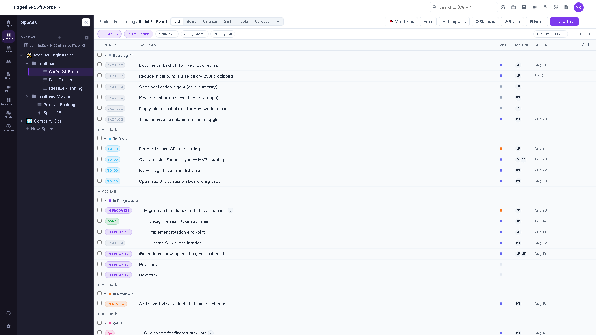 List View showing tasks grouped by status with subtasks nested under their parent task.
