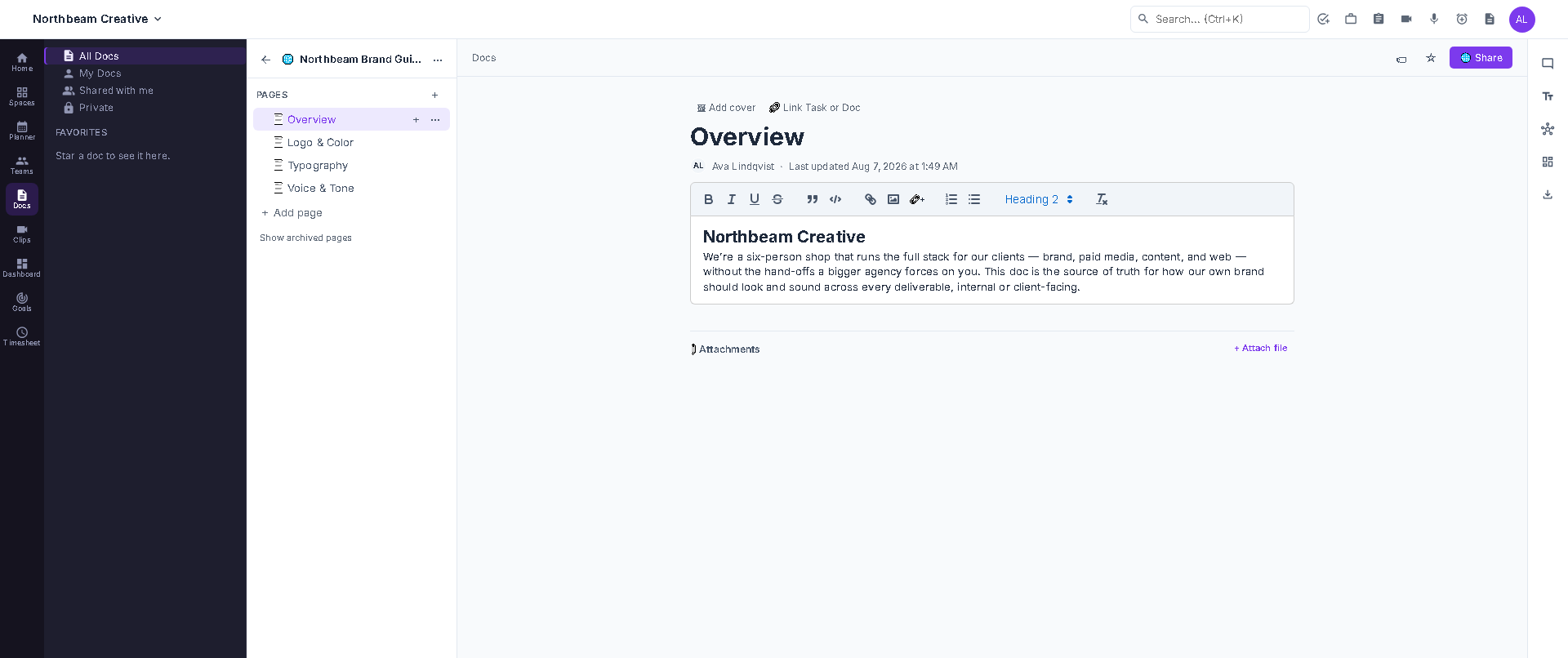 A nested doc in IterDone with a public-share toggle enabled, showing the shareable link for a client-facing brief.
