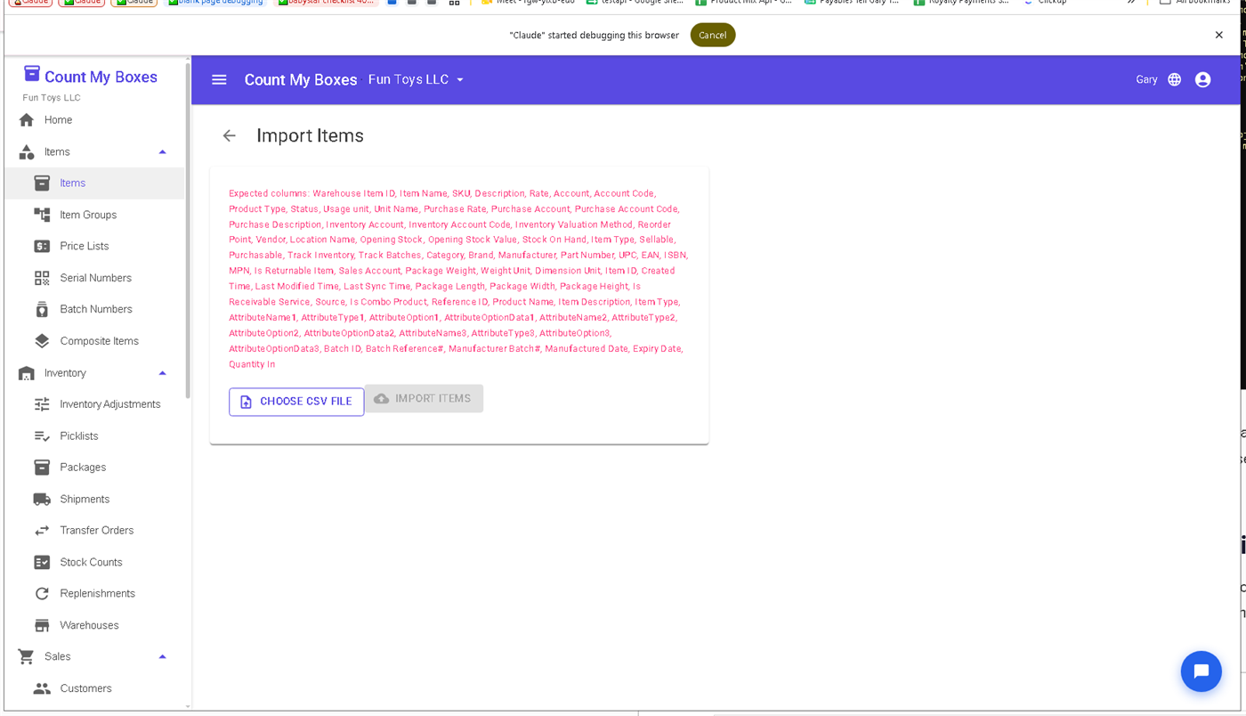 CSV import page showing drag-and-drop upload for inventory items